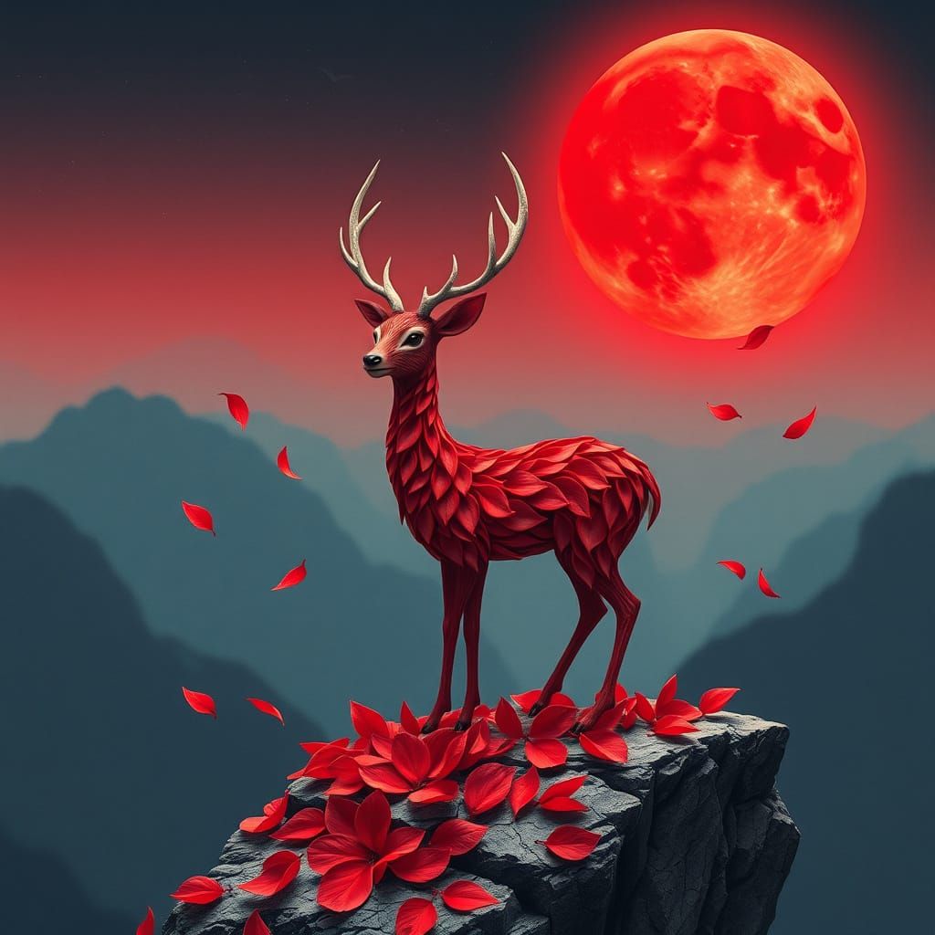 Petal Deer Under Crimson Moon, Miyazaki Style