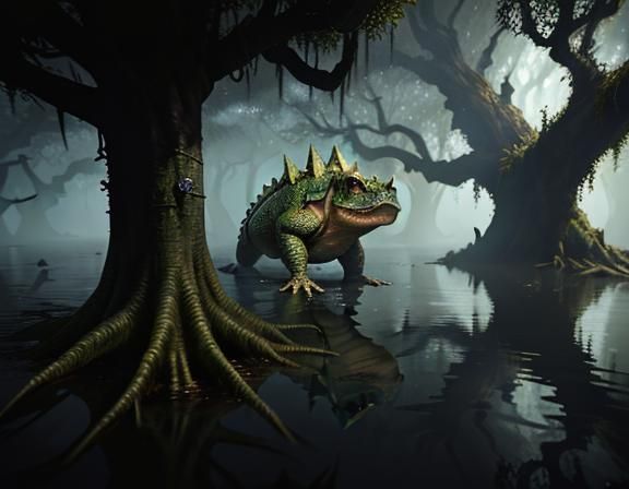 Bullywug in Murky Swamp: Cinematic Fantasy Illustration