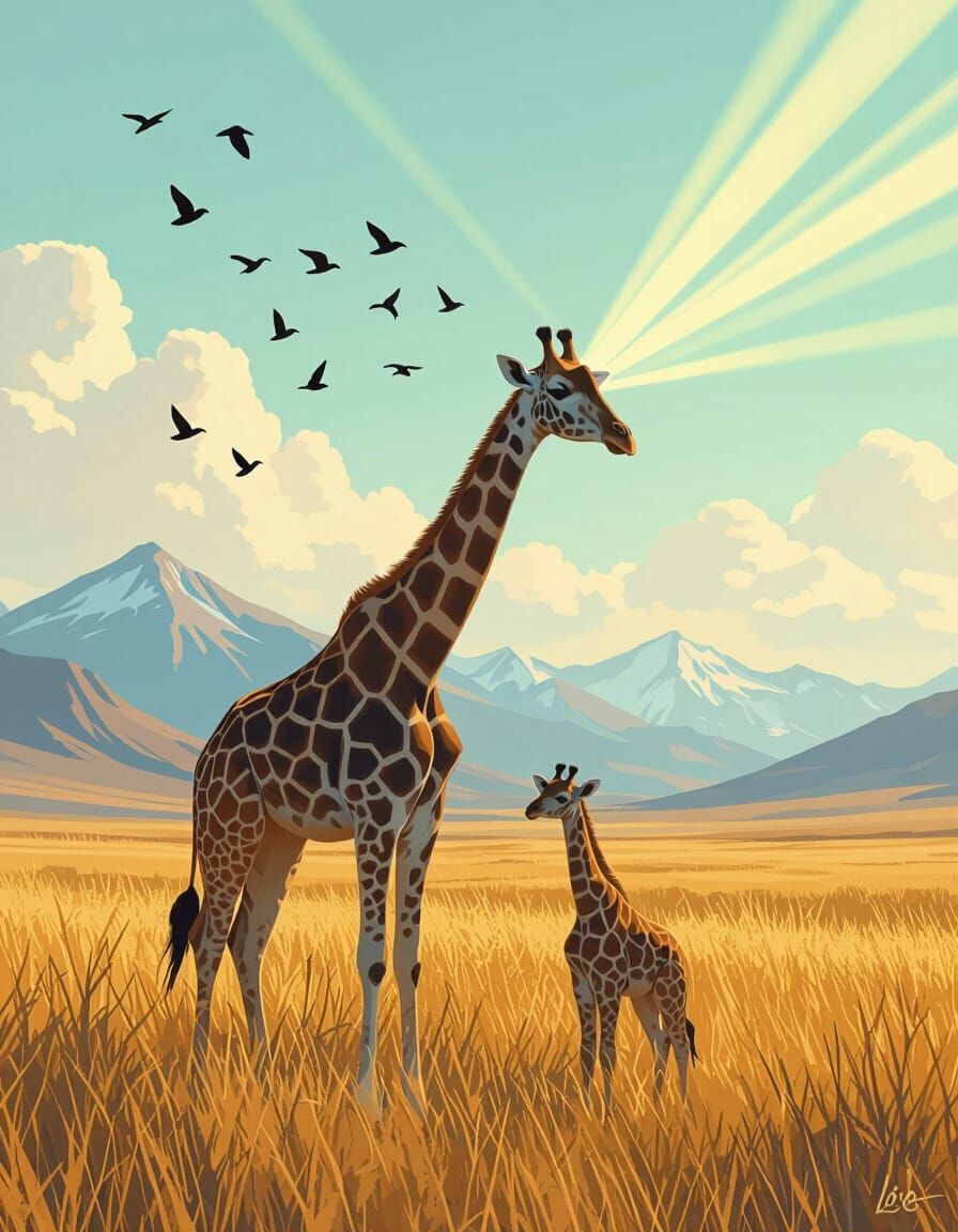 Giraffe in Dreamy Golden Grassland, Surreal Art