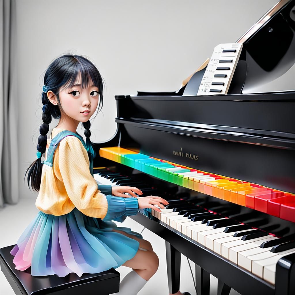 Girl Plays Piano with Mixed Colors