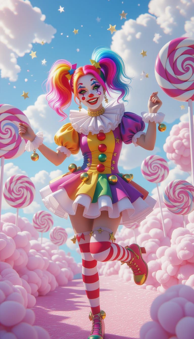 Rainbow Jester Dances in Dreamlike Candy Land