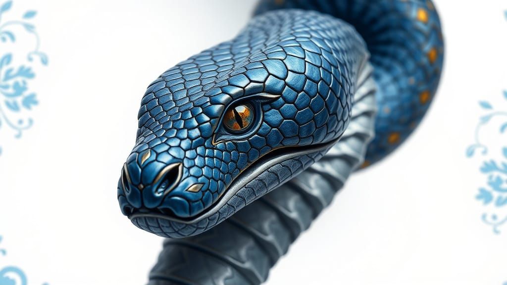 Slavic Snake Sculpture with Blue and Silver Scales