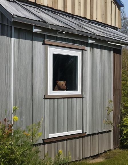Baby Bear Strolls Past Window of White Shed