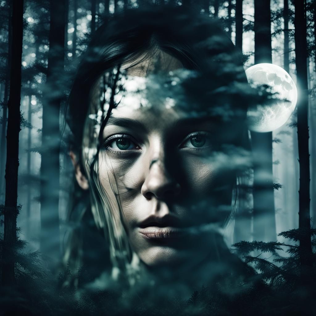 Ethereal Double Exposure: Moonlight Forest Portrait