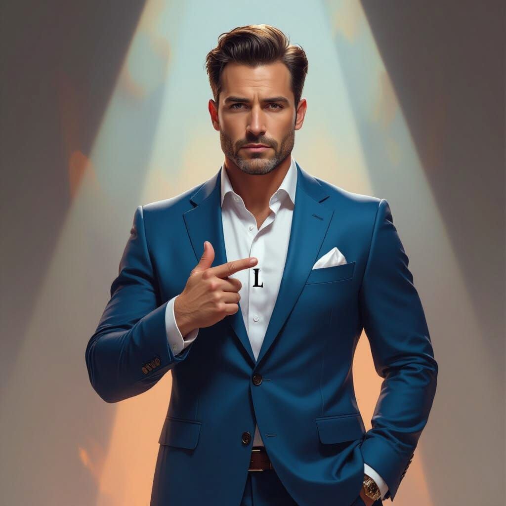 Man in Blue Suit Points to Chest, Amazed, in Concept Art Sty...