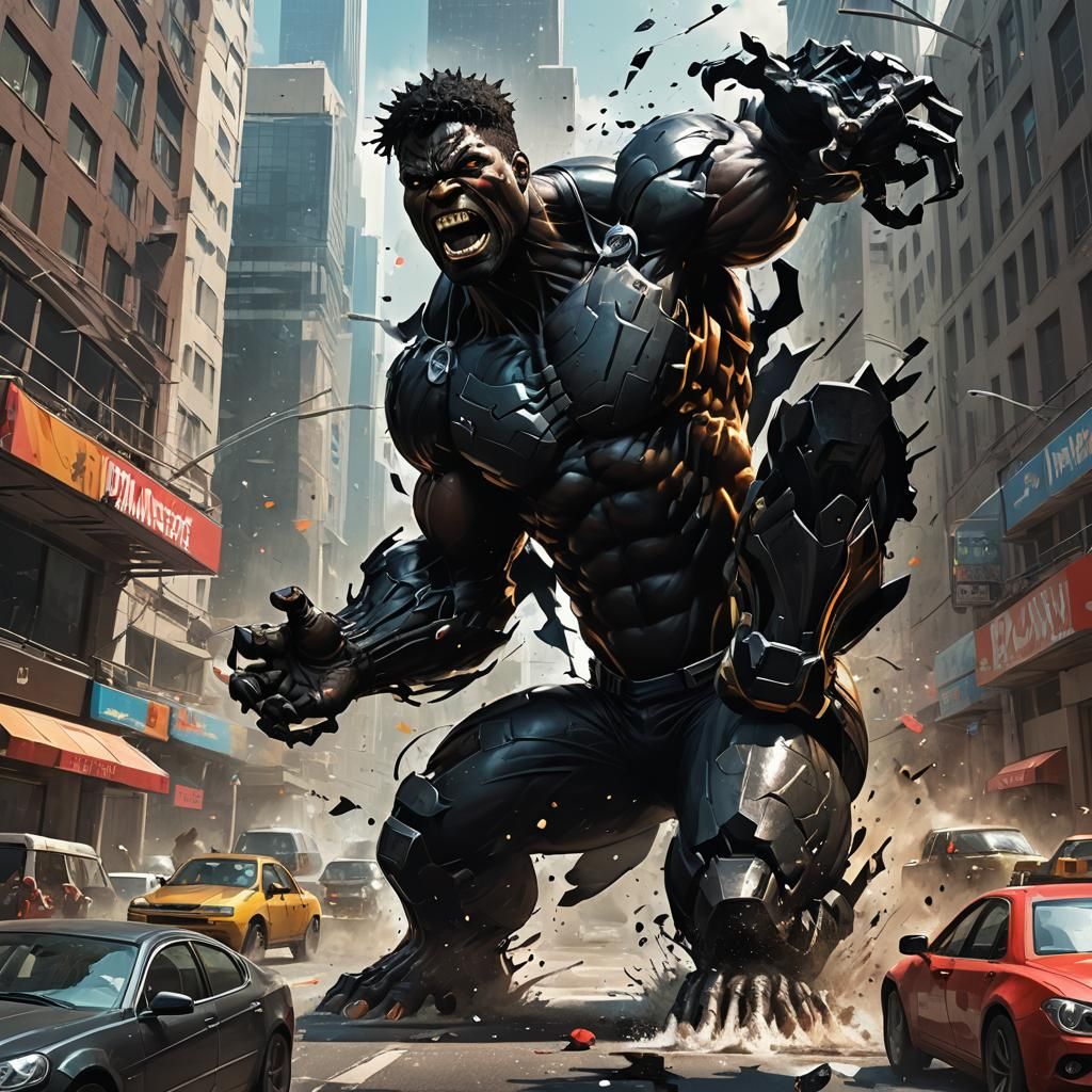 A black Hulk inspired superhero, black male, huge muscles, o...