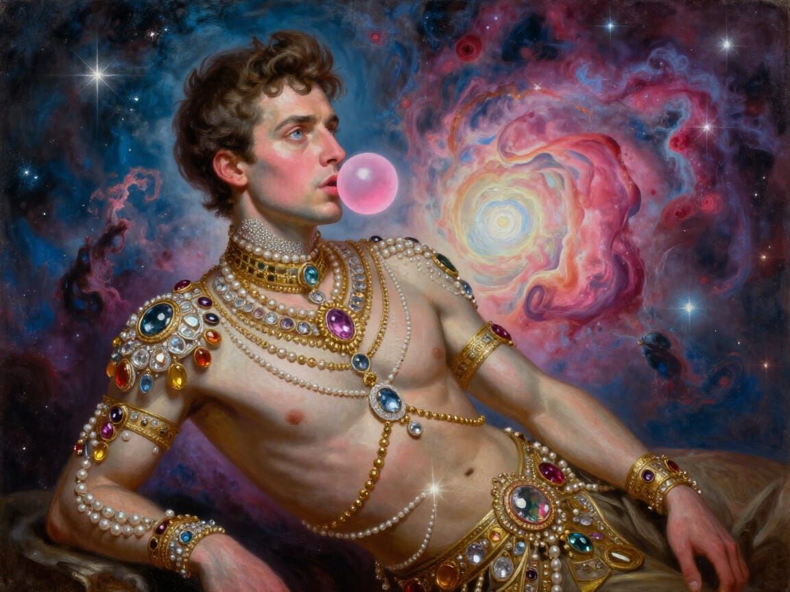 Man as Pink Bubblegum Sculpture Adorned with Jewels