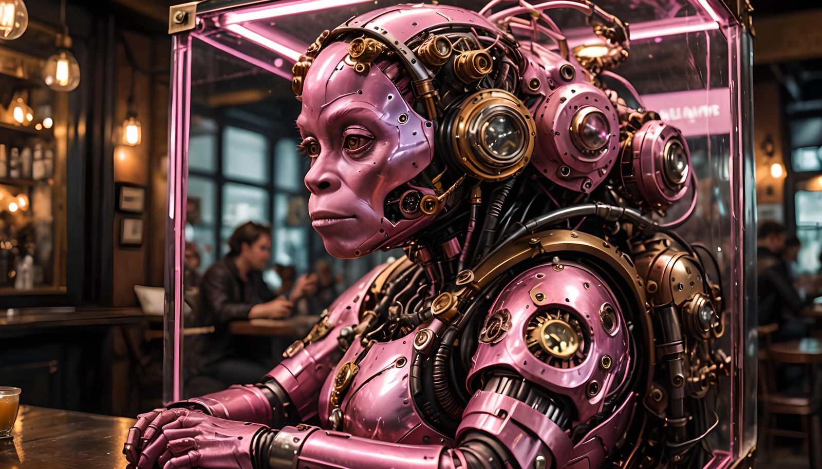 Photo Portrait. Female pink android chimp, sitting in a cafe...