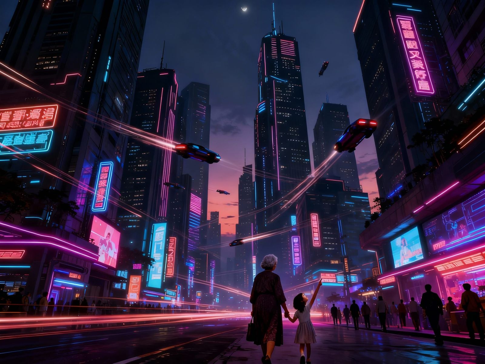 Cyberpunk Cityscape at Twilight with Neon Signs