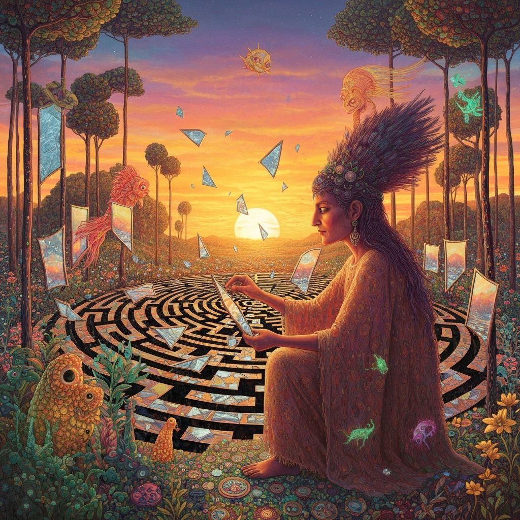 Mystical Shaman Gathers Mirror Shards in Sunset Labyrinth