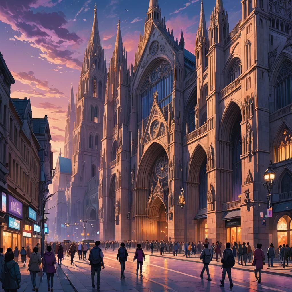 Grand Cathedral Avenue at Dusk: Anime-Style Digital Painting