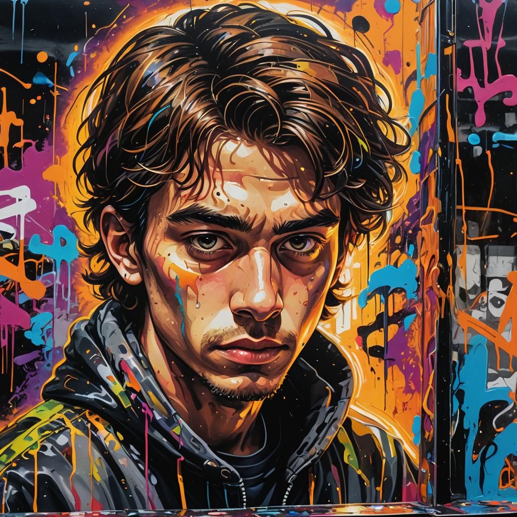 Graffiti Art of Religious Man Staring at Screen