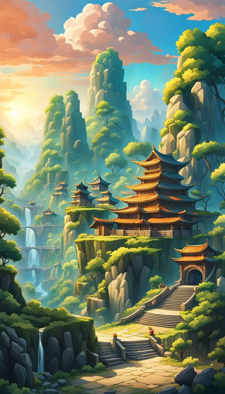 Cartoon Cityscape with Cave Stones in Anime Style
