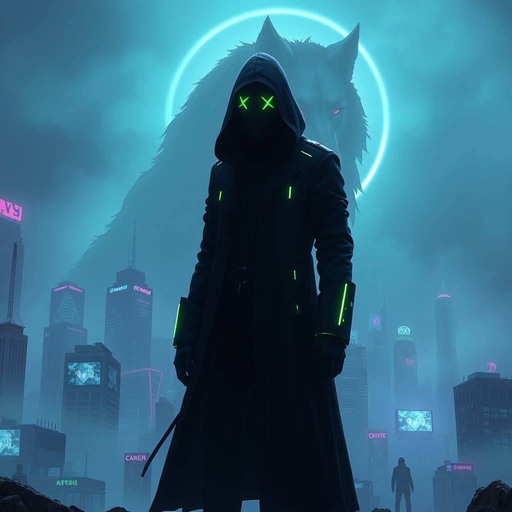 Dystopian Cityscape: Hooded Figure in a Futuristic World