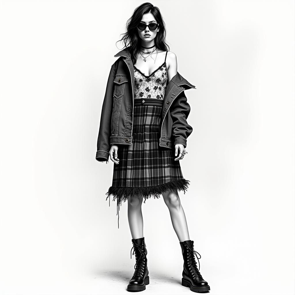 Feminine Grunge Fashion Sketch in Art Deco Style