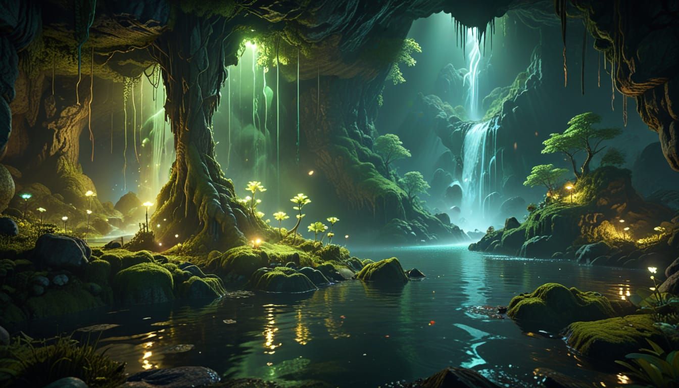 Magical Glowing Underground Lake in Fantasy Cave
