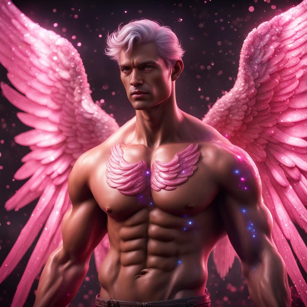 Mystical Male Angel with Pink Sparkles, Hyperrealistic Art