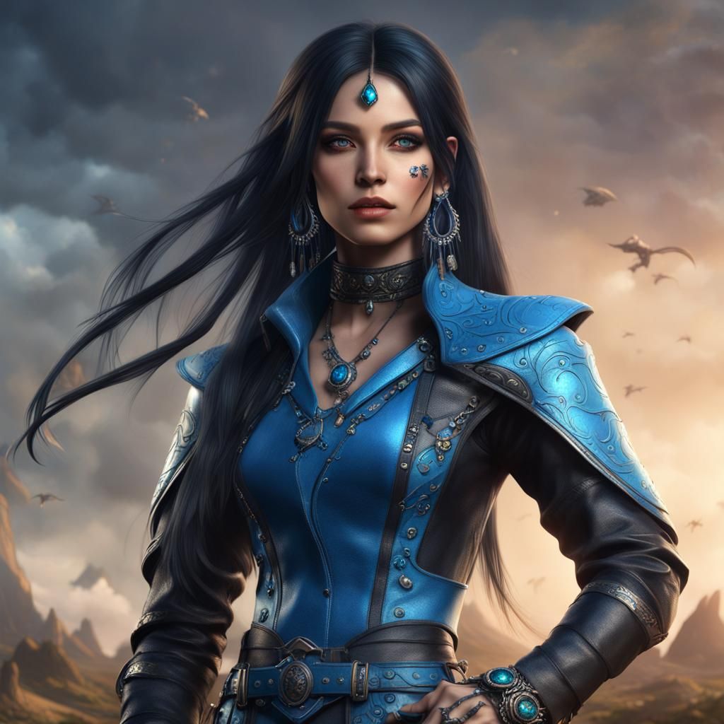 Girl with Piercings and Blue Leather Outfit