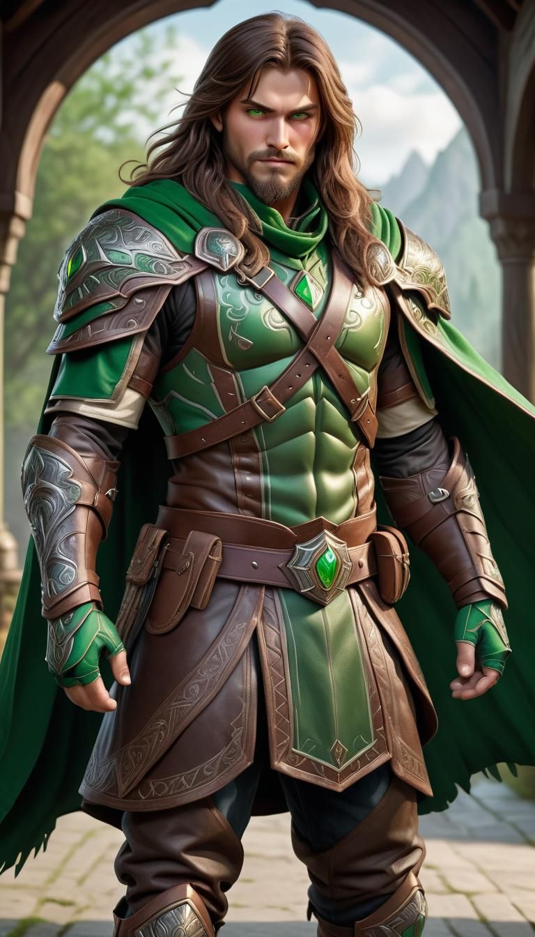 Mighty Human Ranger with Green Eyes in Warcraft Style