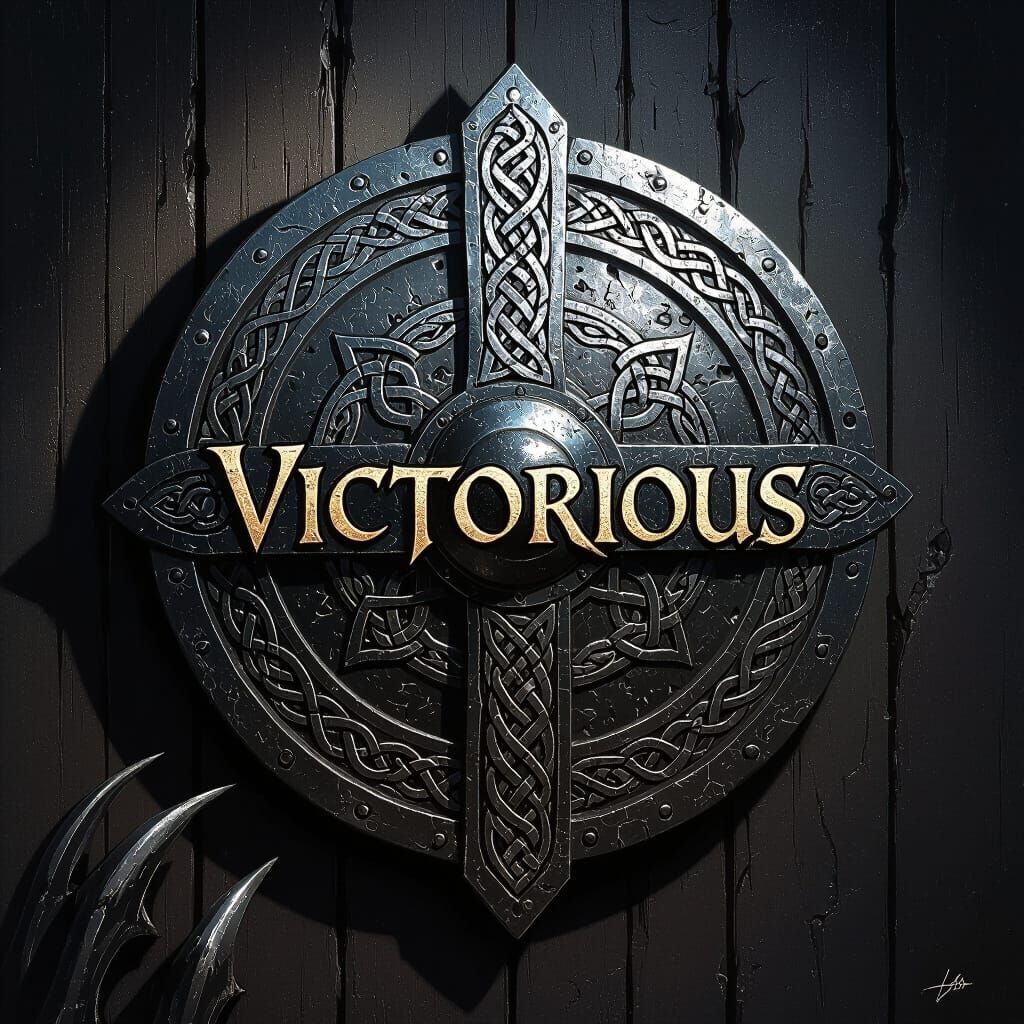 Epic Celtic Shield "Victorious" on Wood with Claw Mark