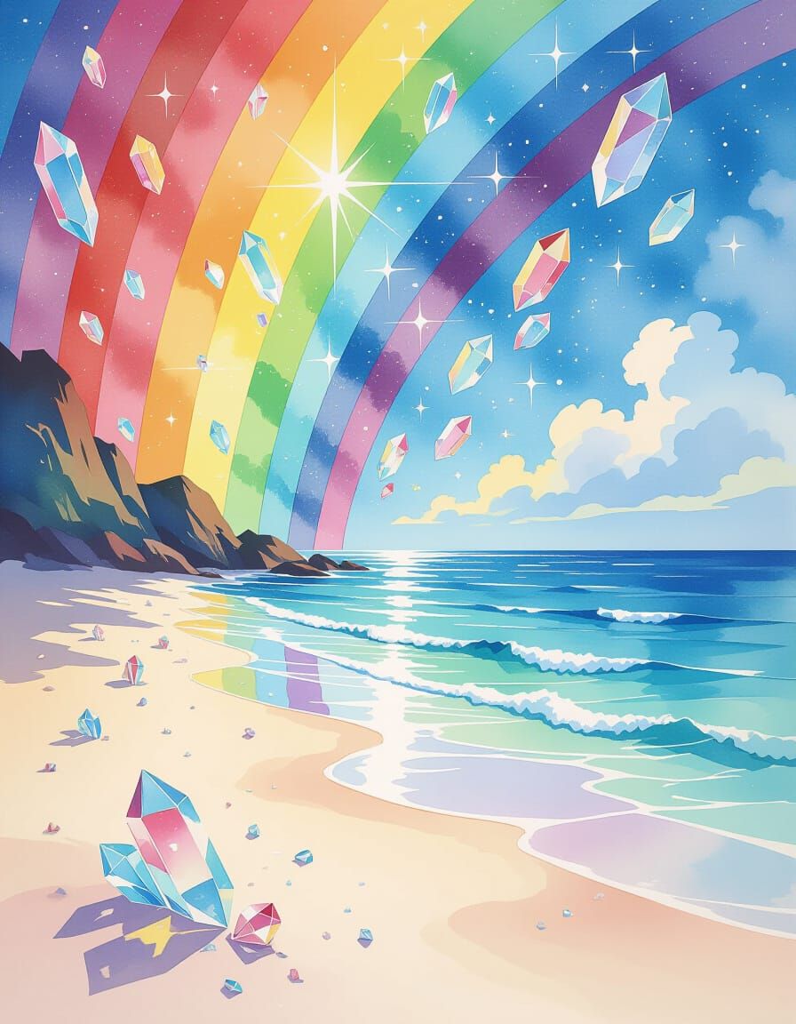 Crystal Rain on Pastel Beach: A Surreal Watercolor Dreamscap...