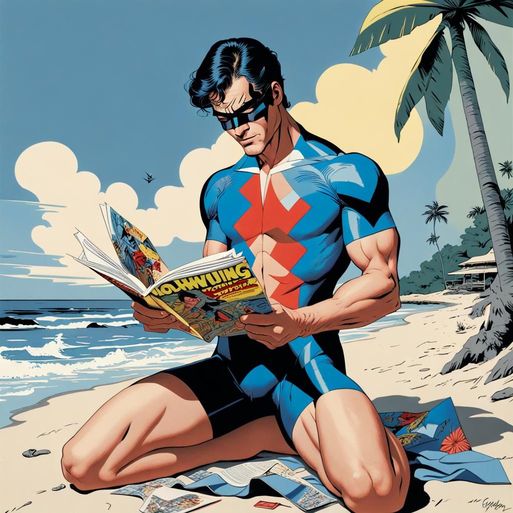 Art by Frank Miller, Roy Lichtenstein, Norman Rockwell, Nightwing on a covert beach getaway, whimsical portrayal of Nigh...