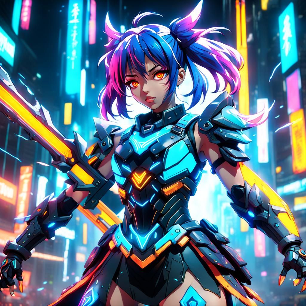 Neon Warrior Anime Girl in Detailed Digital Art