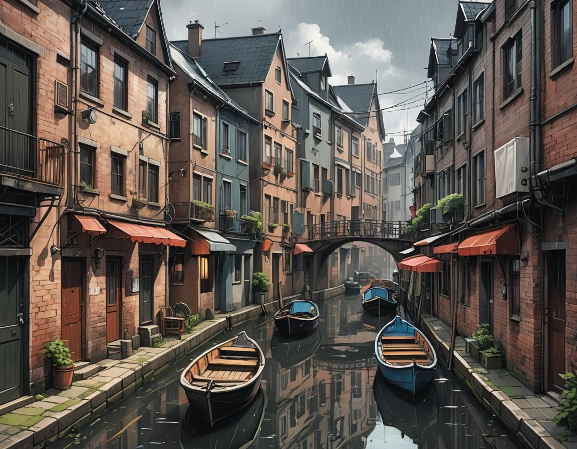 Rainy Canal Townhouses in Anime Style