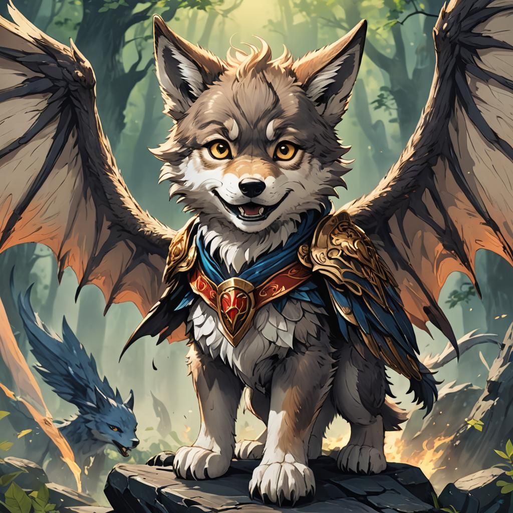 Winged Wolf Cub in Anime Style