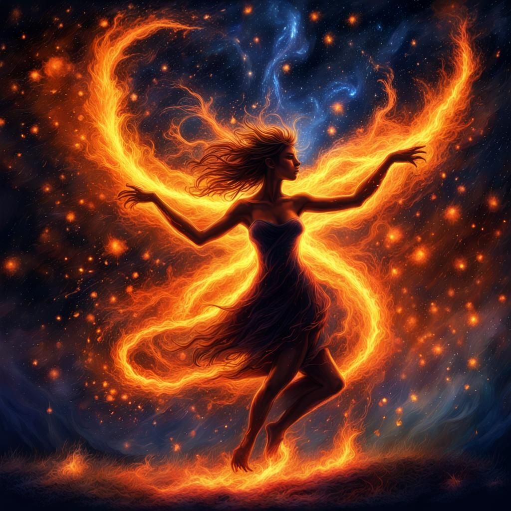 Fire Fairies Dancing in a Psychedelic Impasto Sky