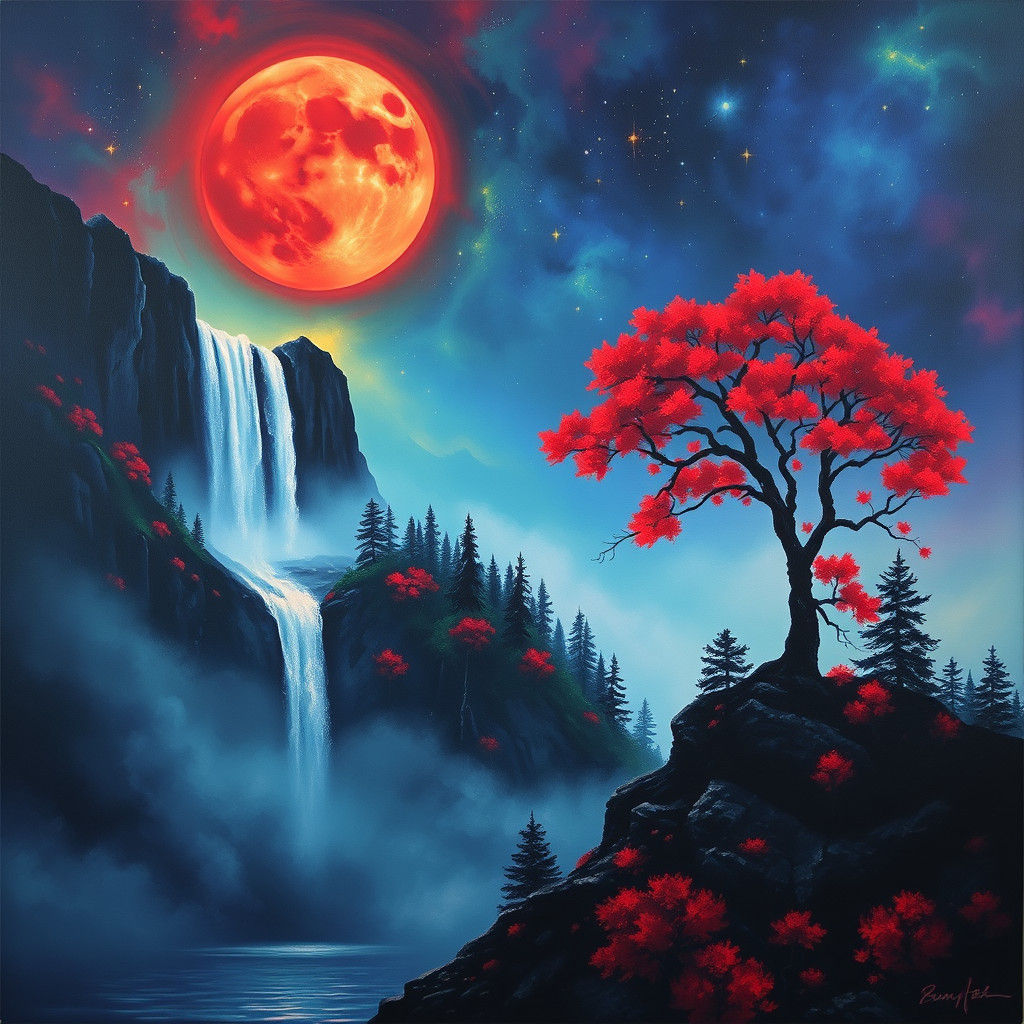 Surreal Dreamscape with Crimson Moon and Waterfall