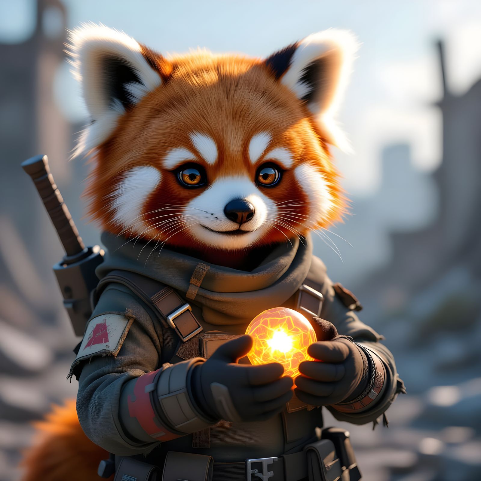 Cute Red Panda Explorer in Post-Apocalyptic Anime Style