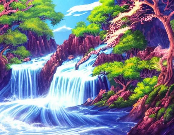 Anime Couple Gazing at Tropical Waterfall Paradise