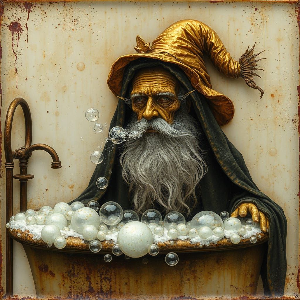 Golden Ethereal Wizard Blows Bubbles in Encaustic Painting