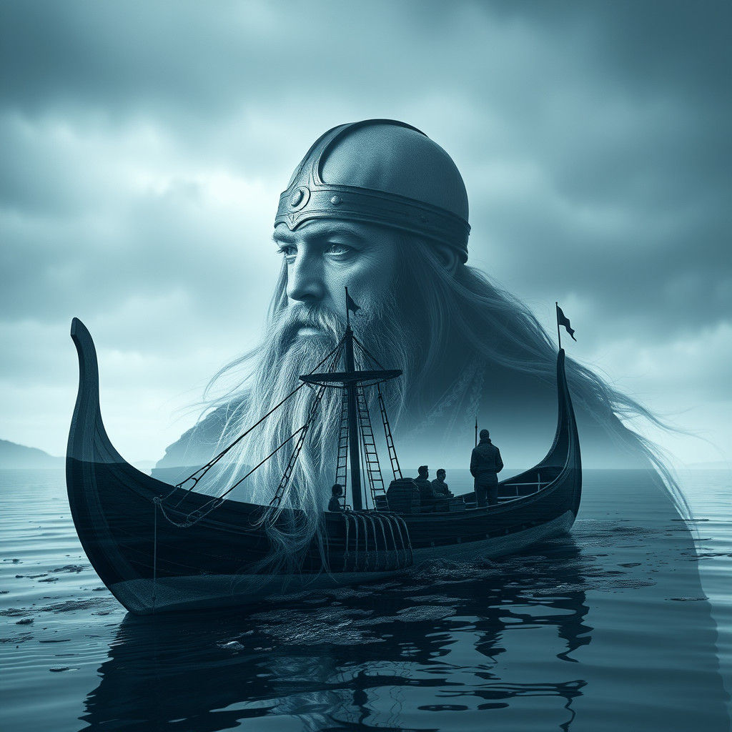 Viking Portrait with Drakkar Ship Double Exposure
