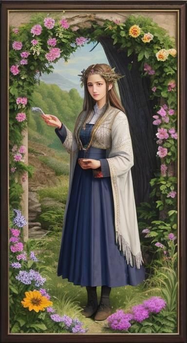 Epona as Child with White Horse, Celtic Botanical Art