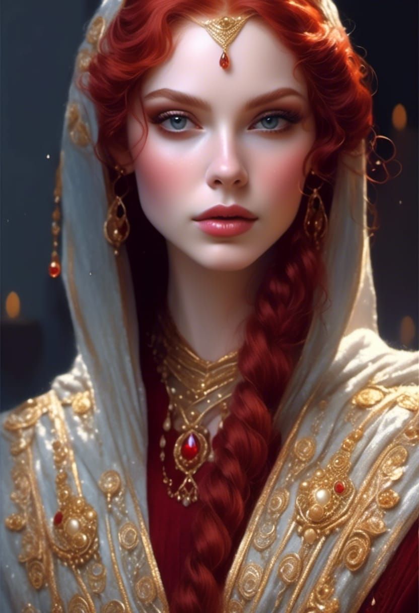 River Elf Portrait with Red Hair and Gauze Gown