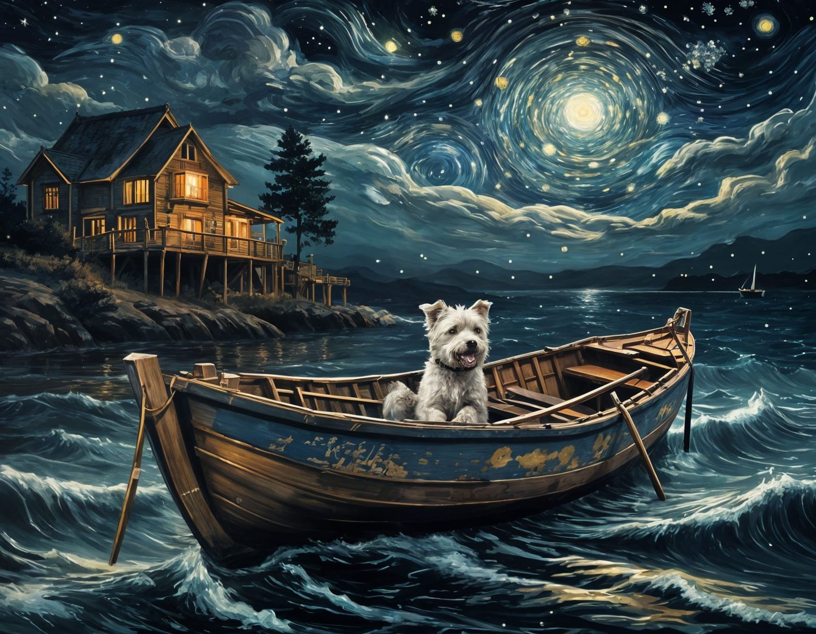 Westie Dog at Sea in Van Gogh Style