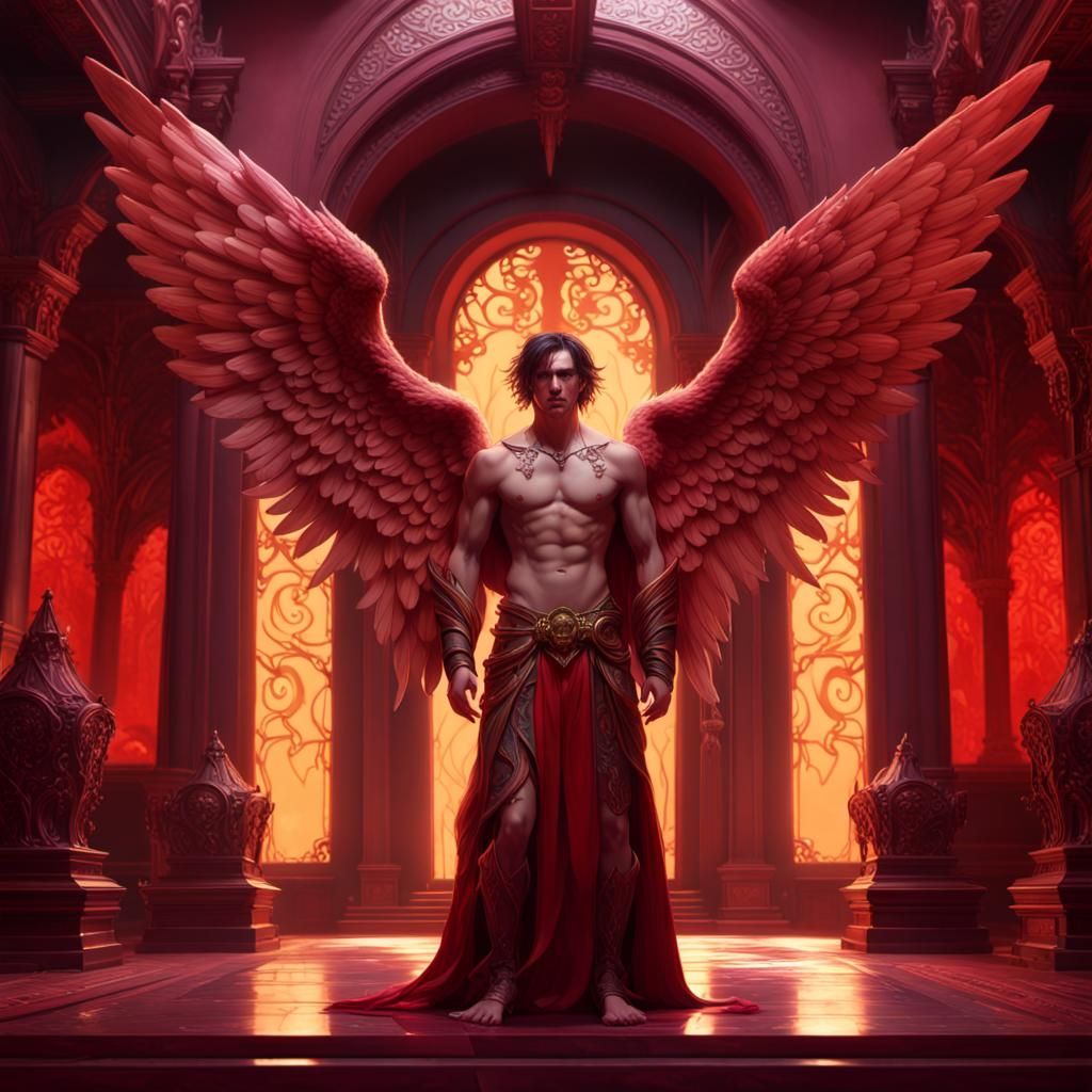 Red Angel in Red Temple: Dark Fantasy Art