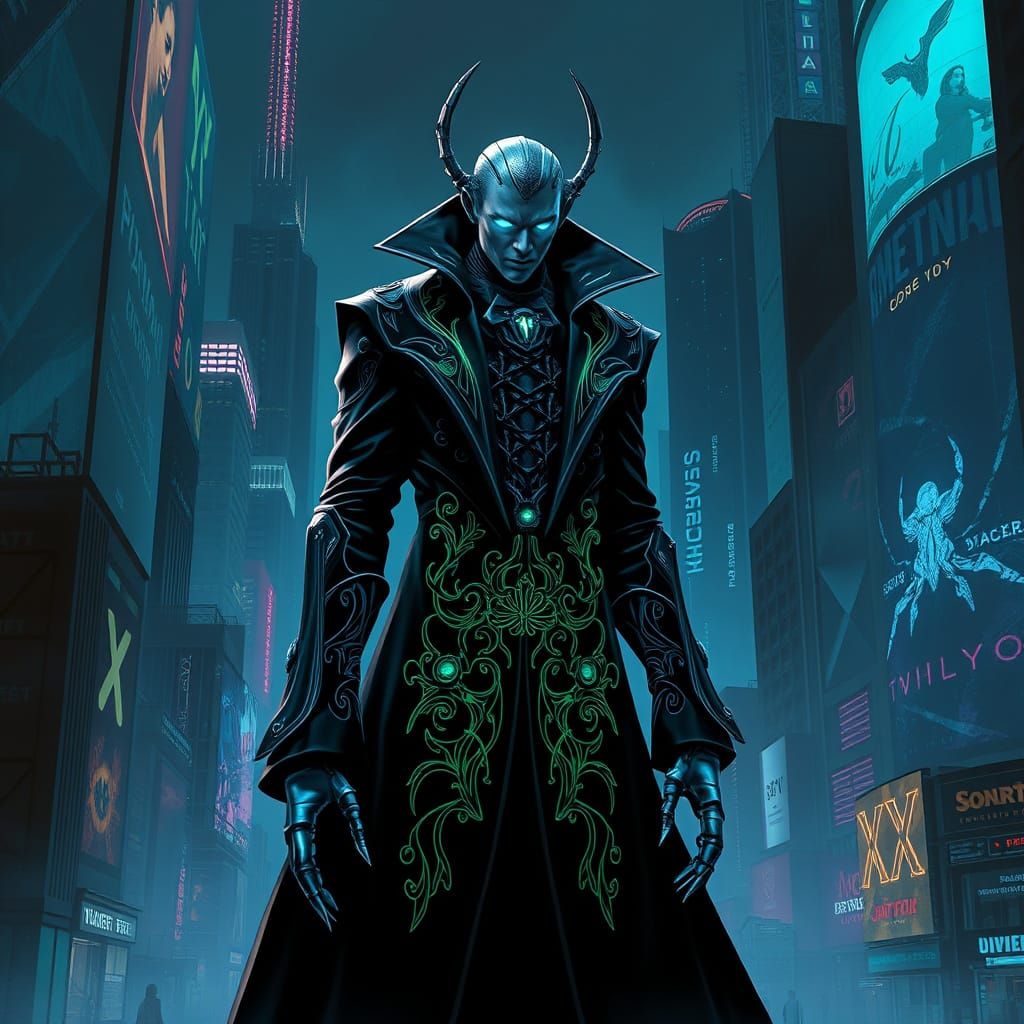 Cyberpunk Vampire in Dystopian Metropolis