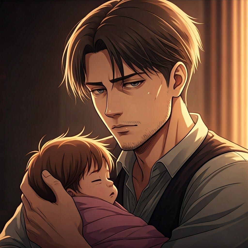 Levi Ackerman Cradling Newborn in Anime Style