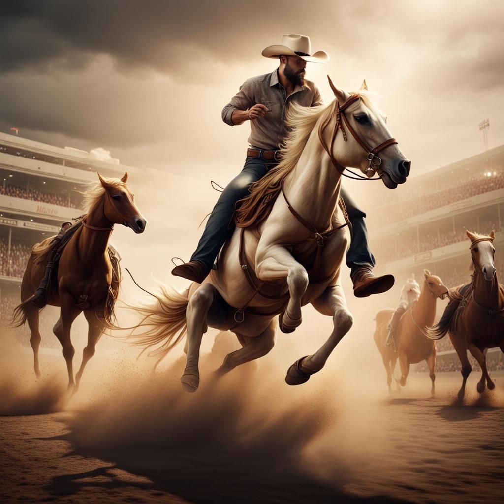 Cowboy Rides Bucking Horse in Dramatic Rodeo Scene