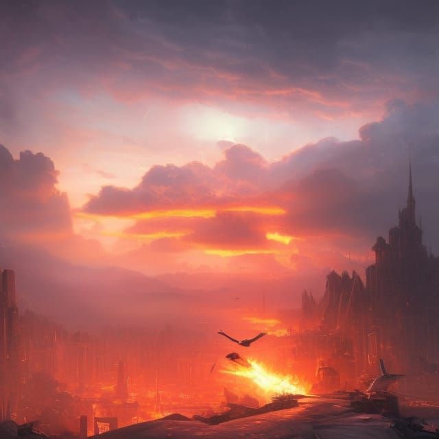 City Ruins Under Missile Attack: Matte Painting