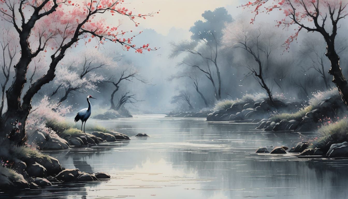 Ethereal Watercolour Painting of Chinese Crane in Misty Rive...