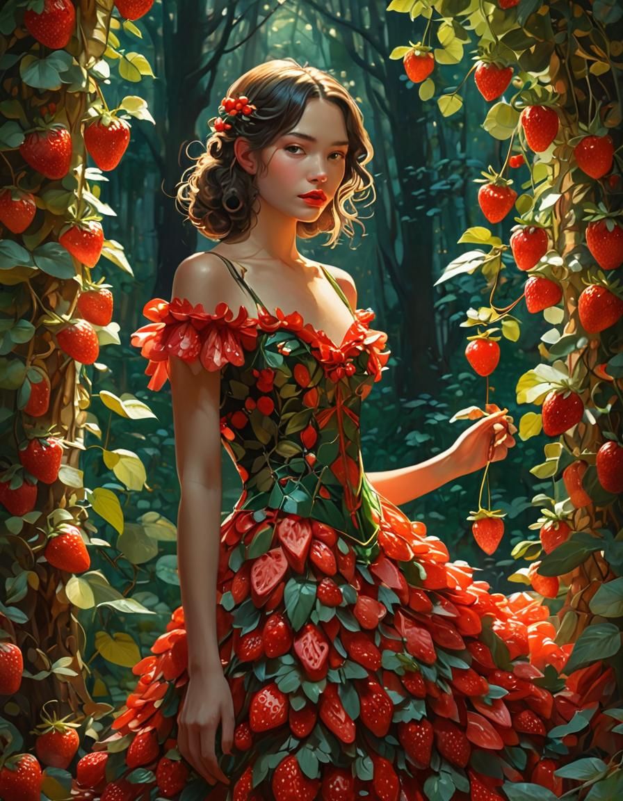 Strawberry Dress in Enchanted Forest, Digital Art