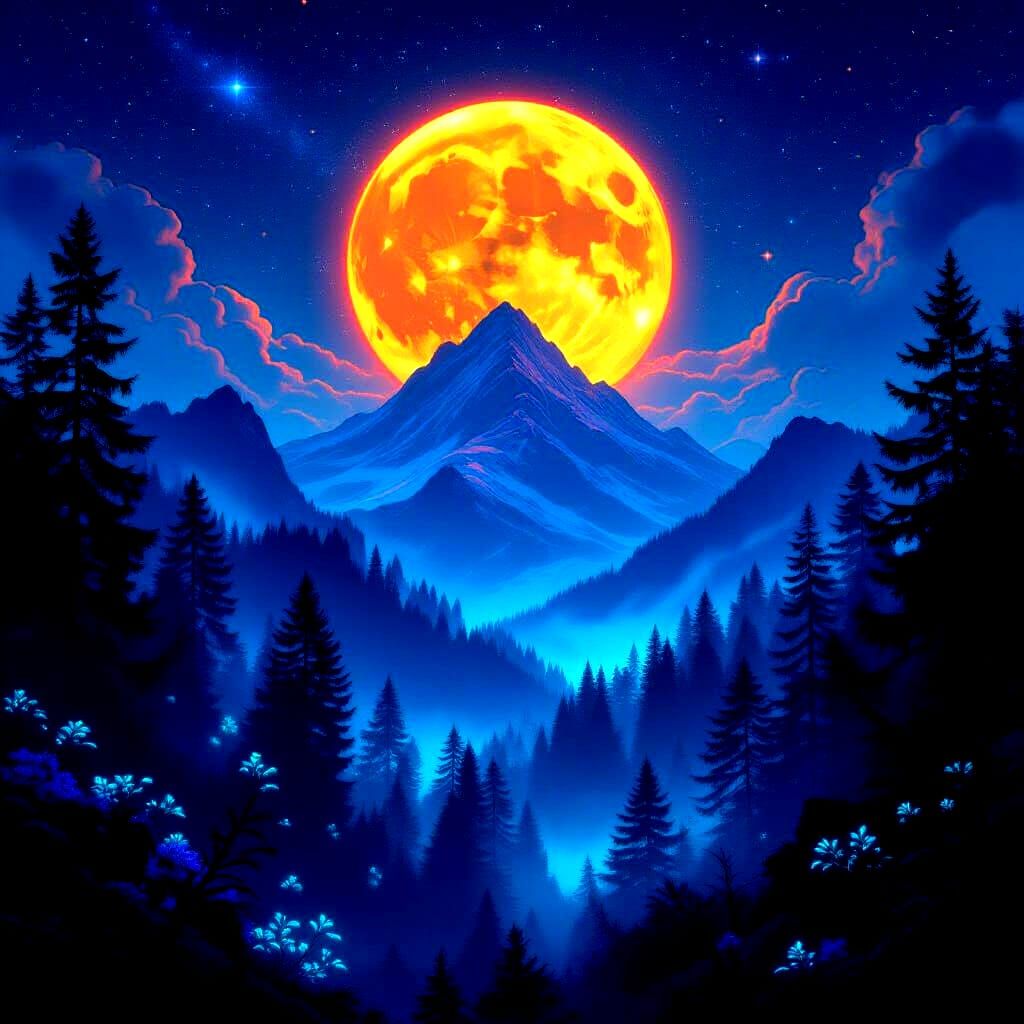Mystical Bioluminescent Forest Under Neon Moon