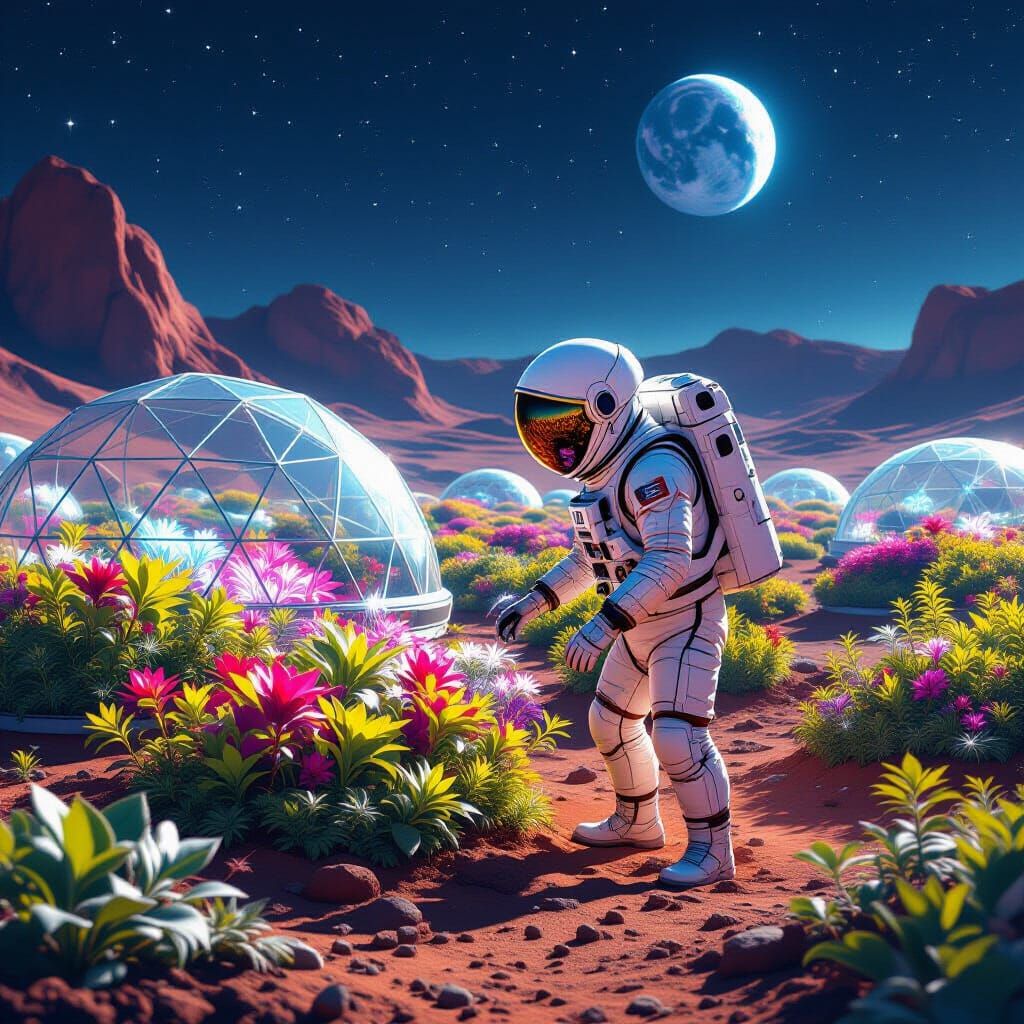 Astronaut Tends Bioluminescent Garden on Mars