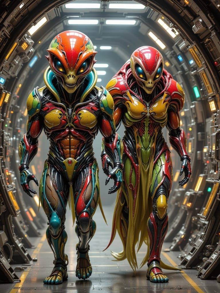 Futuristic Alien Couple in Spaceship Hallway