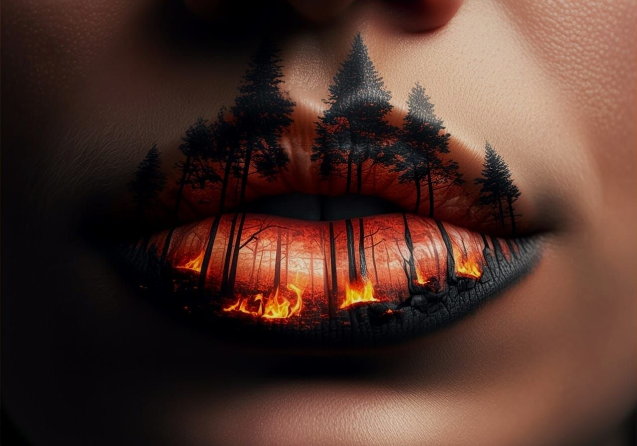Haunting Forest Fire Lips in Hyper-Realistic Detail