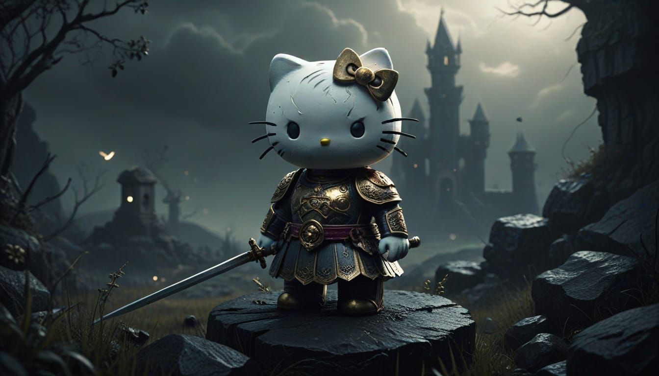 Hello Kitty in Dark Fantasy Landscape